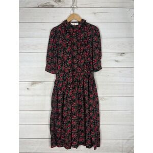 Vintage Eileen West Dress Womens 4 Black Floral Button Front Midi Rayon 90s